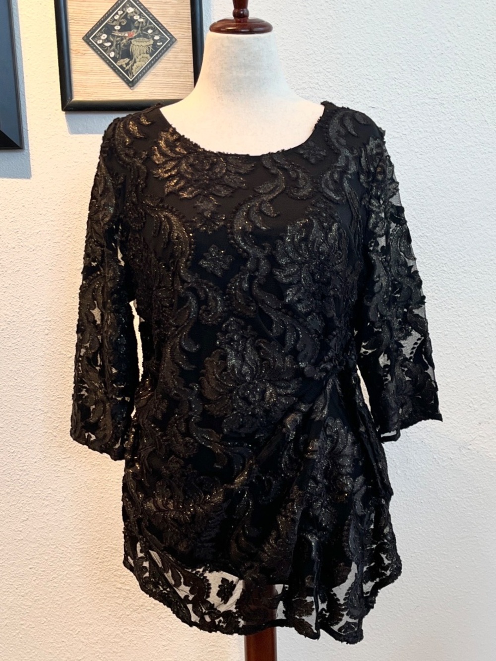 Alfani Black and Gold Brocade Top, XL, New w Tags, Sheer w Lining, Stretch